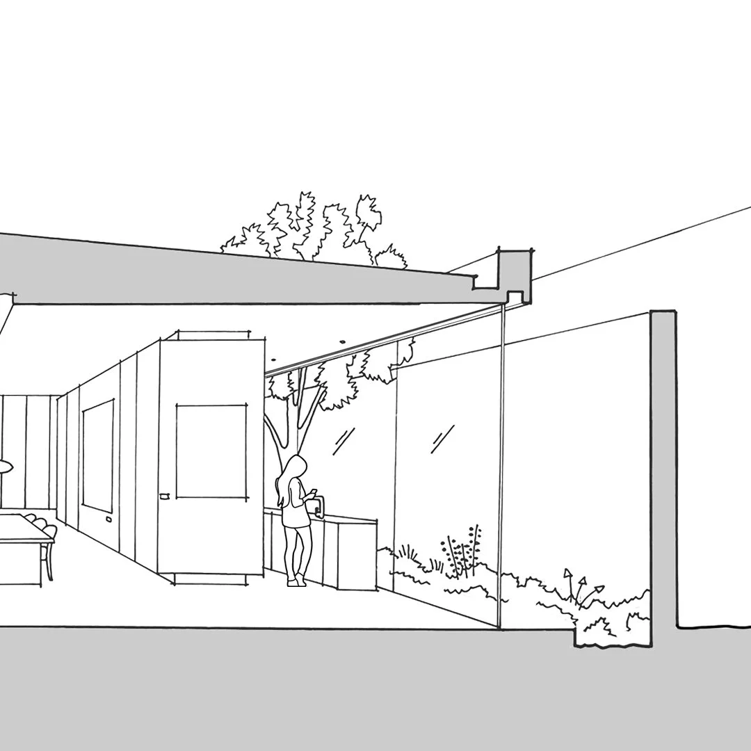 We use sketching to communicate what a plan cannot, a perspective of the relation between space and hieght.

Full height glazing seamlessly separates the kitchen from the veggie patch outside. In order to block out unwanted sunlight, external recesse