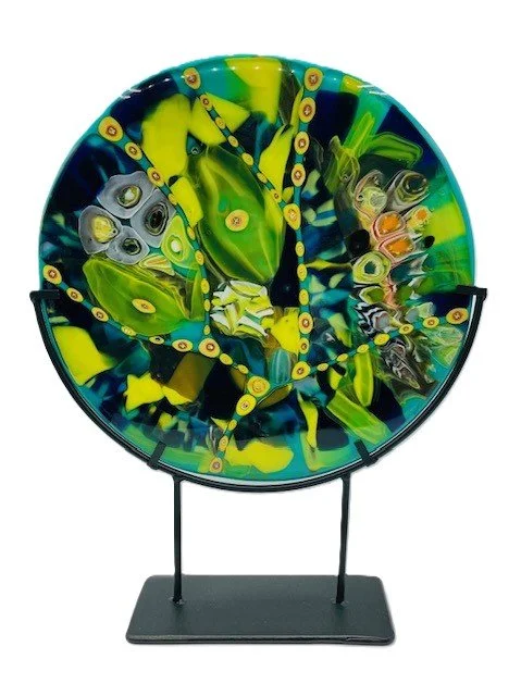 12" diameter stand-alone art piece , pressed glass with murini