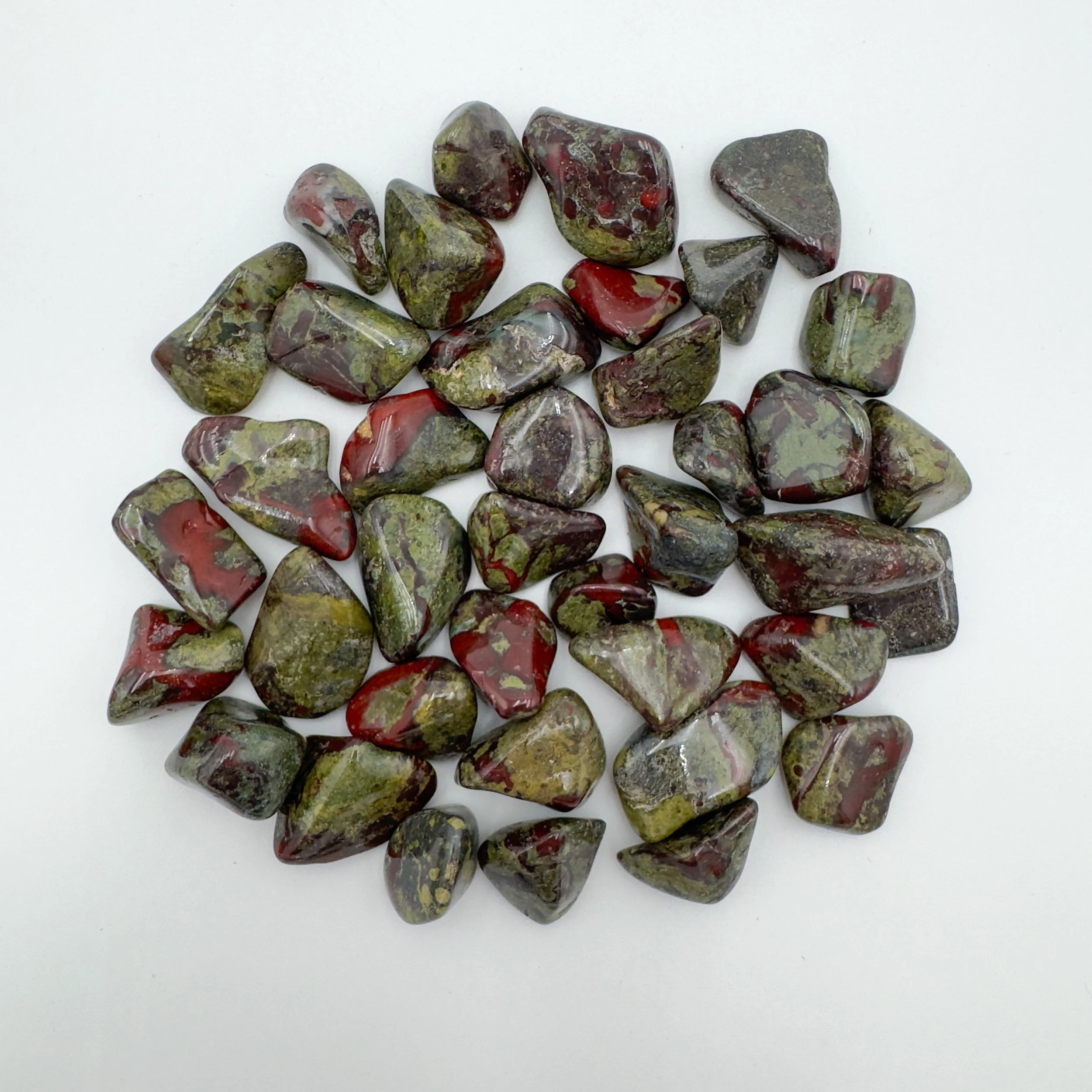 Wholesale Dragon Bloodstone crystals with deep green and red hues