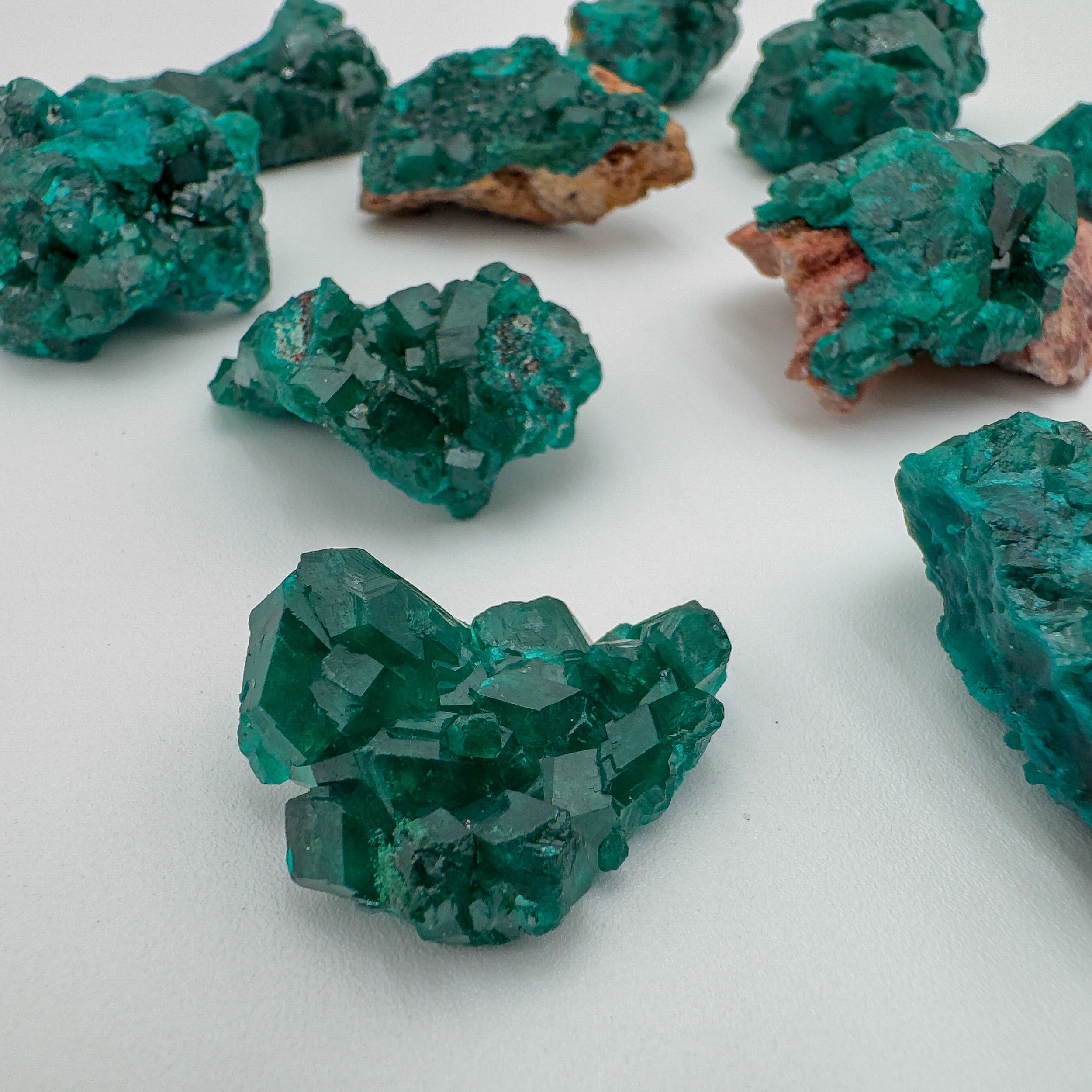 Dioptase crystals on matrix, highlighting their vivid emerald-green color.