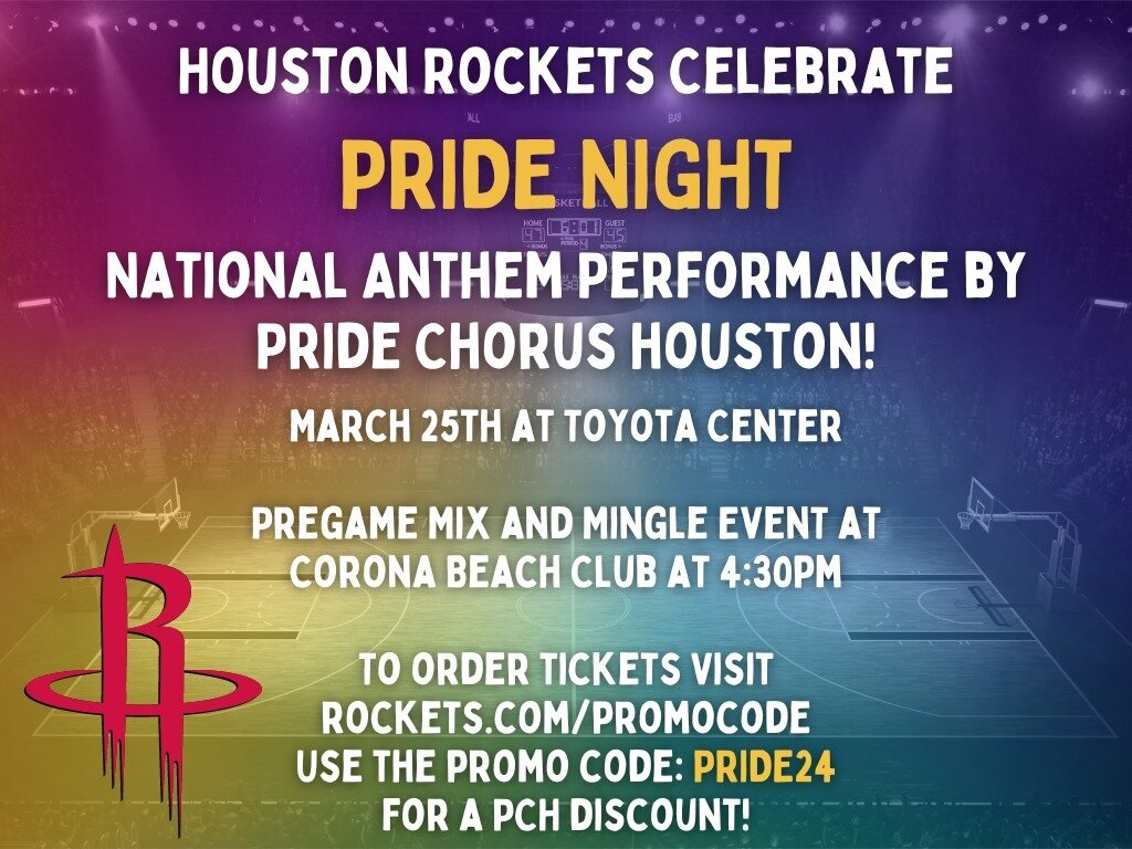 Hey guys- Join us in cheering on our hometown Rockets at Pride Night this Monday, March 25! We will be kicking off the game with a national anthem performance. Grab tickets at rockets.com/promocode (link in bio) and use code PRIDE24 for a Pride Choru