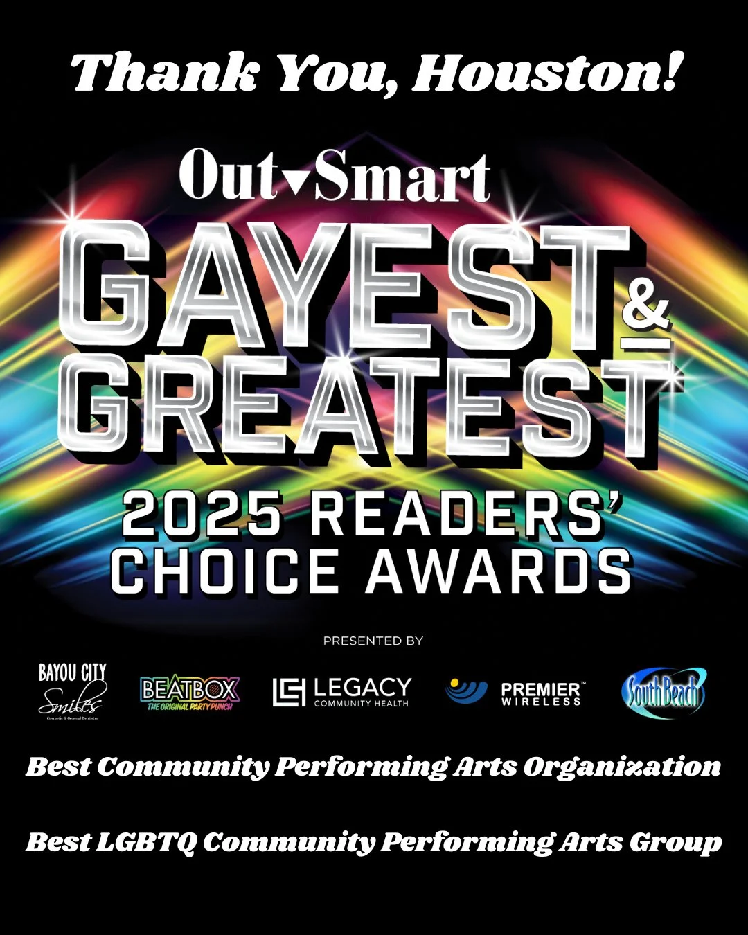 Thank you Houston for selecting Pride Chrous Houston as your @outsmartmagazine 2025 Best Community Performing Arts Organization AND 2025 Best LGBTQ Community Performing Arts Group! We are so thankful for your support!
#pridechorus #pridechorusho