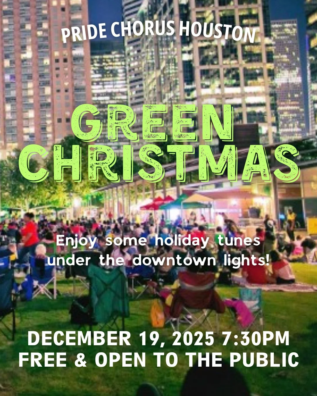 Our holiday concert is next Friday, December 19, and is free! Grab a chair and a loved one and join us at Discovery Green for a night of classic holiday tunes, and a few of our own twists on some classics. Ice skating is available 5-11pm, and music s