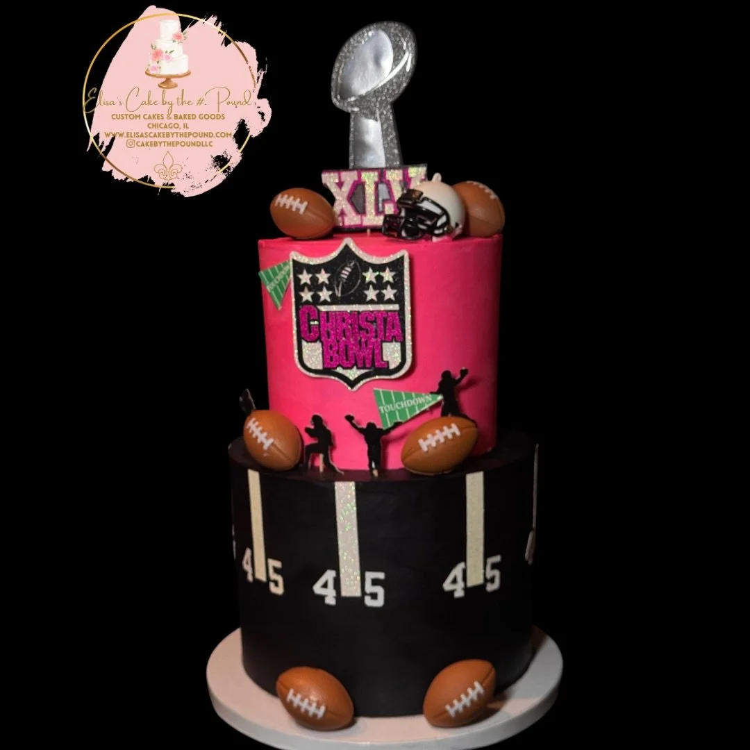 Loved Christa&rsquo;s play on a Super Bowl cake🩷🤍🖤

Elisa&rsquo;s Cake by the Pound
Custom Cakes &amp; Dessert Catering
www.elisascakebythepound.com

#CustomCakesChicago #chicagobakery #cakesofinstagram #dessertcatering #CorporateCateringChicago B