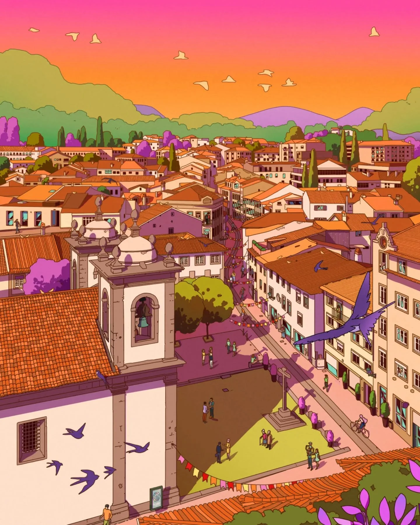 Illustration created for Fund&atilde;o City Hall, also featured on this year&rsquo;s Festival Cale poster! 🙃
⠀
I always love turning ordinary streets into magical, idyllic scenes &mdash; and this was no exception. For this piece, I went with a soft 