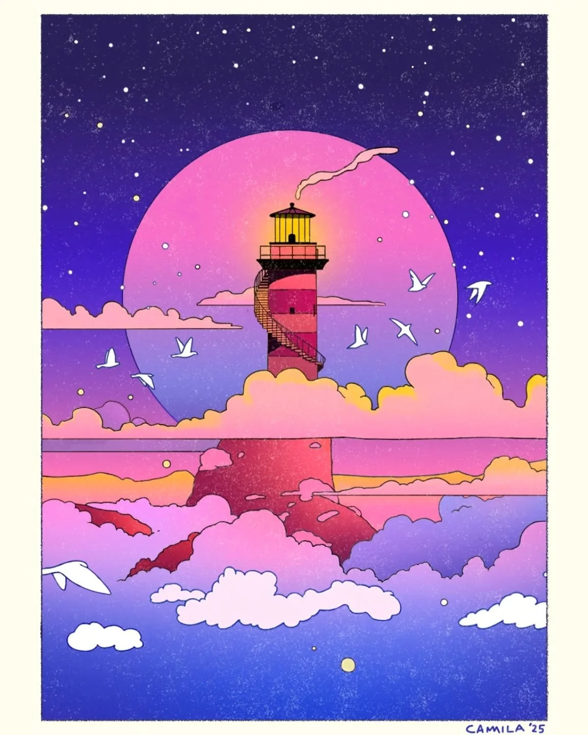 Lune d&rsquo;Azur, the third piece from &quot;In Between&quot; 🩵
Still exploring how much I can say with less... letting colour and space do most of the talking, exploring empty spaces and subtle movements 🫶

-
-
#IllustrationArt #DigitalIllustrati