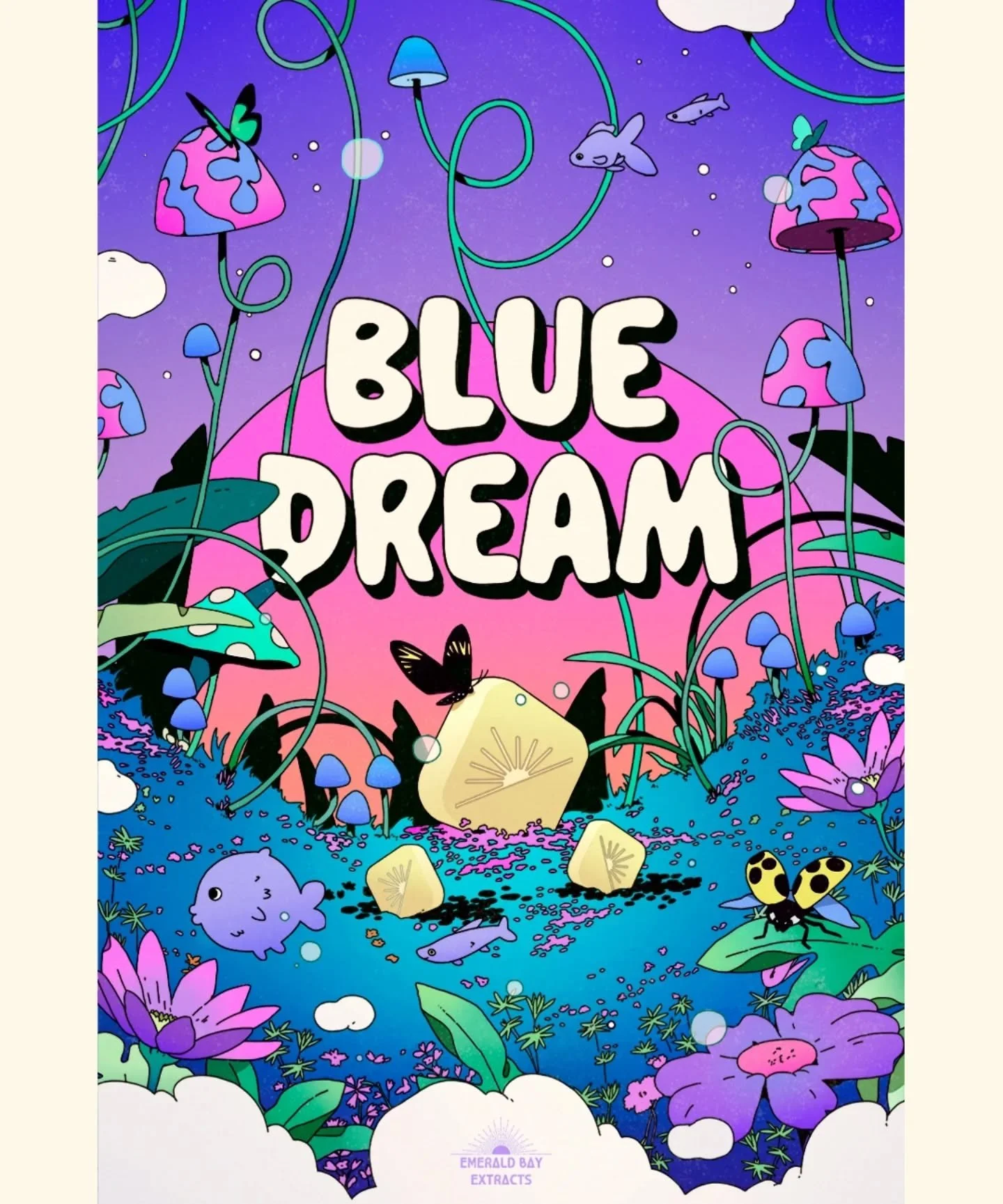 Excited to share this poster I created for Emerald Bay Extracts, inspired by their Blue Dream capsules &mdash; a sativa blend known for its creative, uplifting, and dreamy effects ✨

I wanted to capture the essence of Blue Dream: vibrant color, flowi