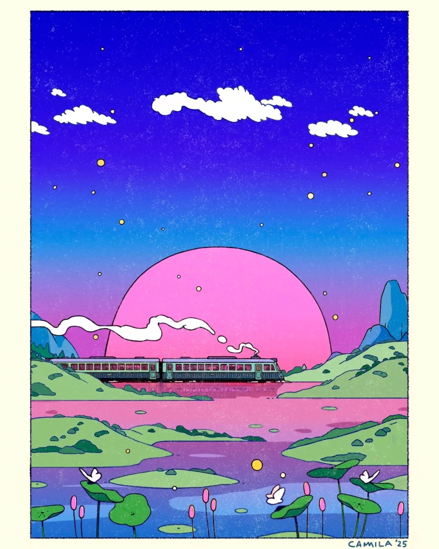 Ghibli Train, the 4th piece from my In Between series 🚂 
Somewhere between motion and stillness.
I&rsquo;ve been thinking a lot about how quiet moments can still feel alive, just in a slower rhythm 💜
-
-
#IllustrationArt #DigitalIllustration #Japan