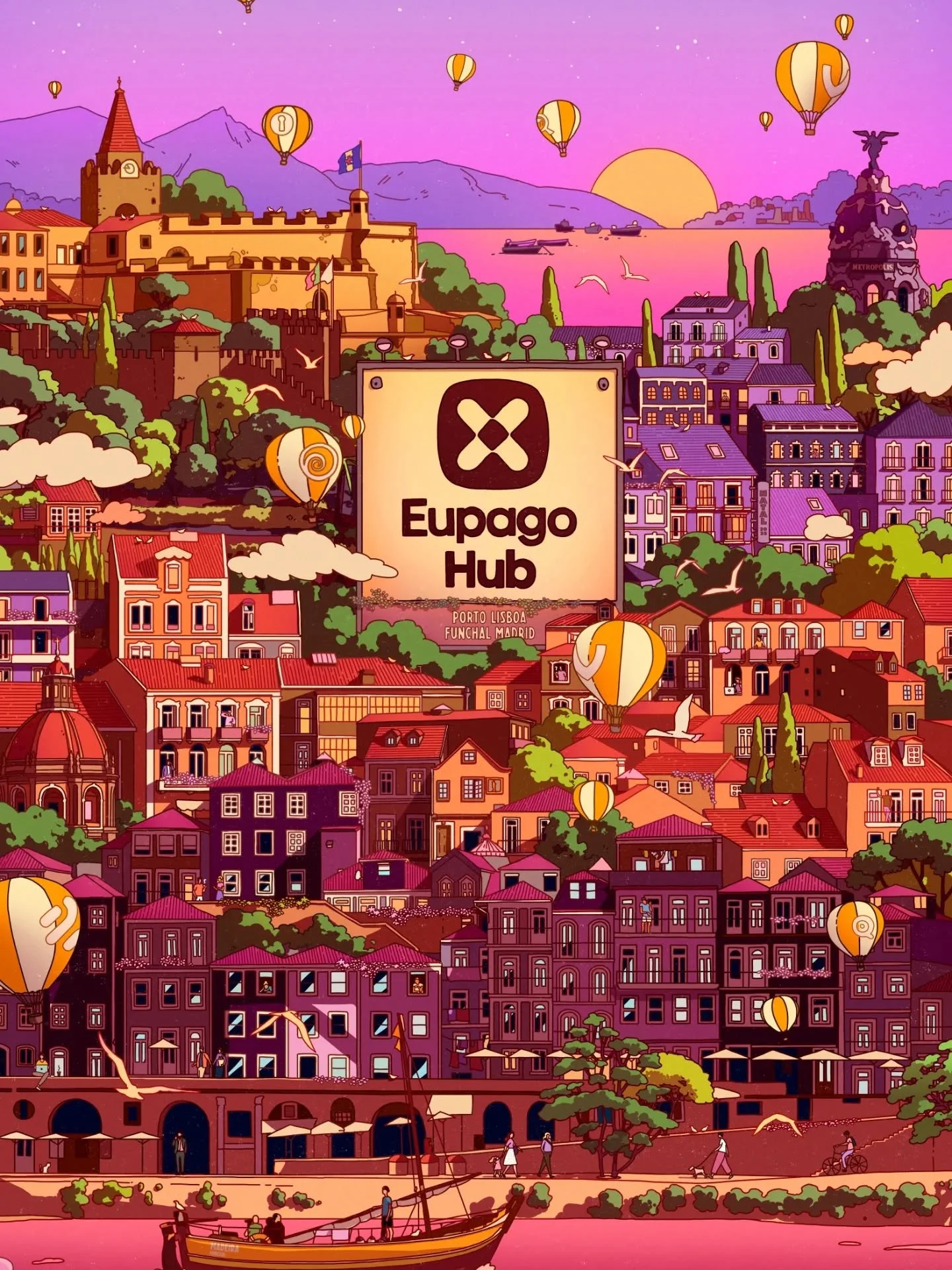 Such an honor to create this piece for Eupago Hub 💜
Porto, Lisbon, Funchal and Madrid &mdash; the four hub locations, all in one illustration, with hidden details throughout :)
150 limited edition prints were produced and gifted to Eupago Hub collab