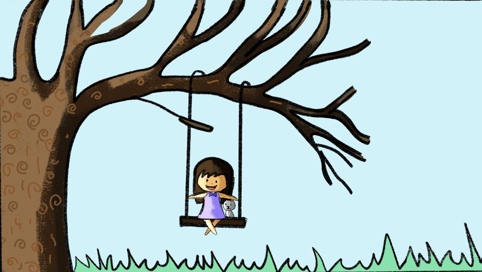 Girl and cat on a swing