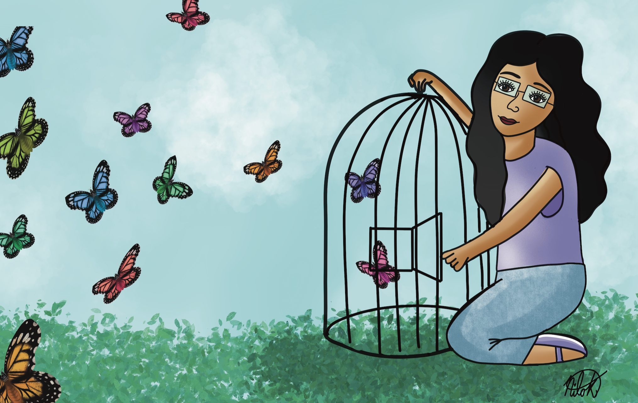 Girl releasing butterflies