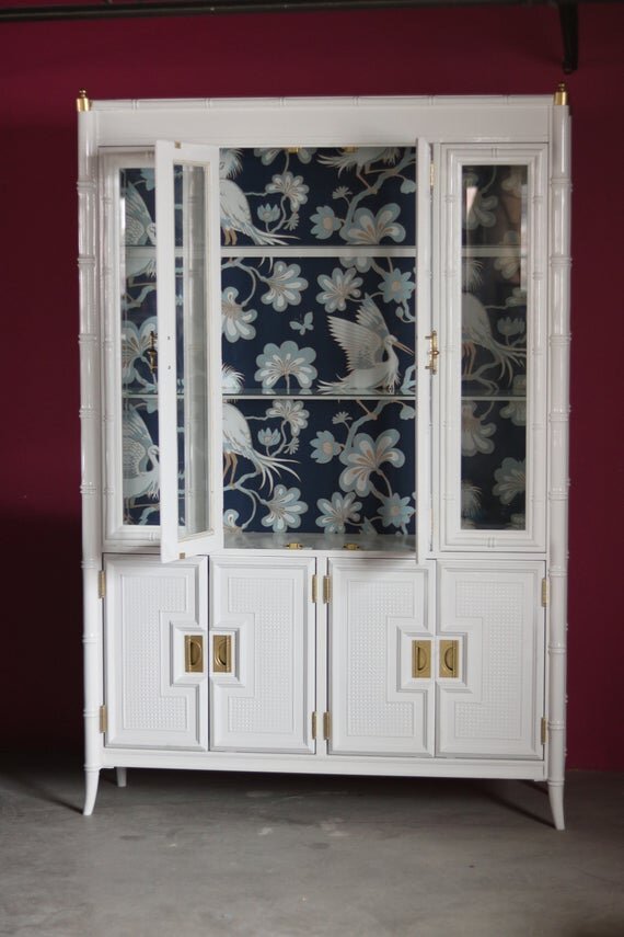 Vintage Stanley Faux Bamboo China Cabinet Lacquered White Vintage Stanley Faux Bamboo China, China Cabinet Vintage