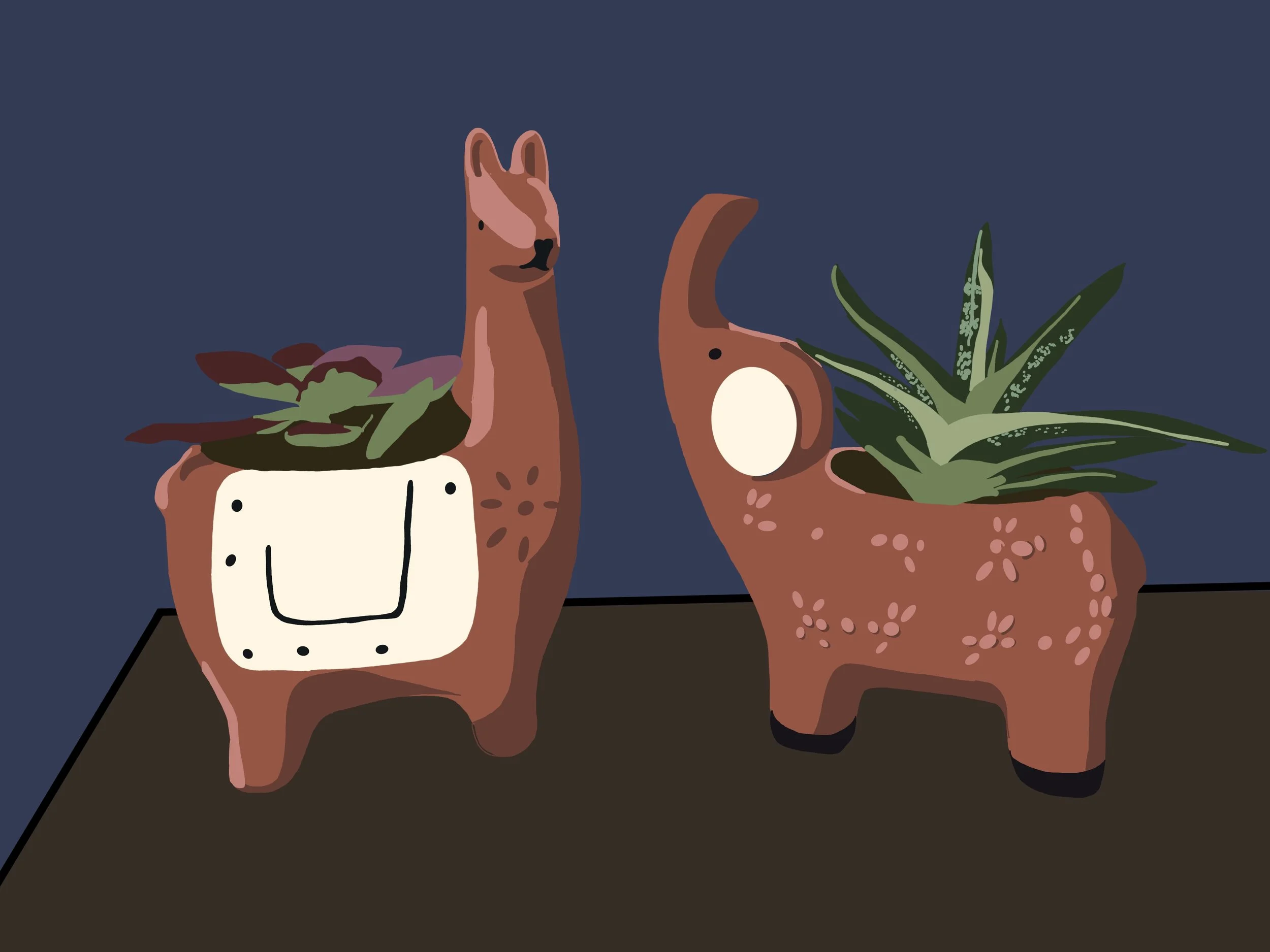 a drawing of a lama and elephant ceramic planter with succulants