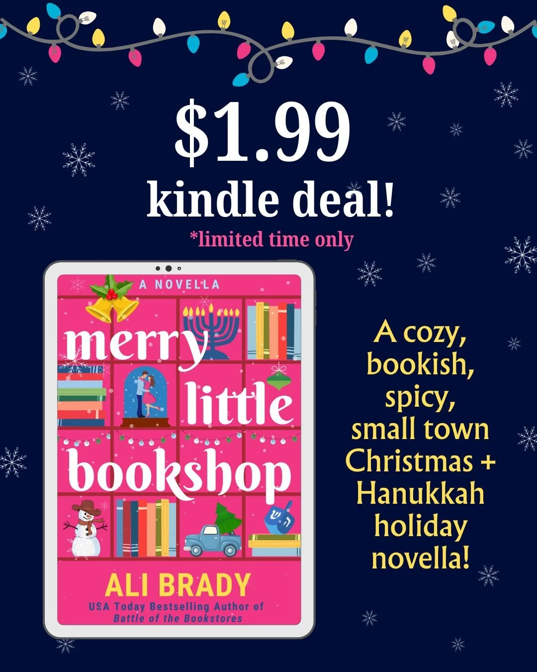 🚨 LIMITED TIME ONLY! Grab the kindle edition of Merry Little Bookshop for only $1.99, just in time for your holiday break reading! 

What to expect:
Approx 220 pages (long novella or short novel)
Small town in Texas
She celebrates Hanukkah, he celeb
