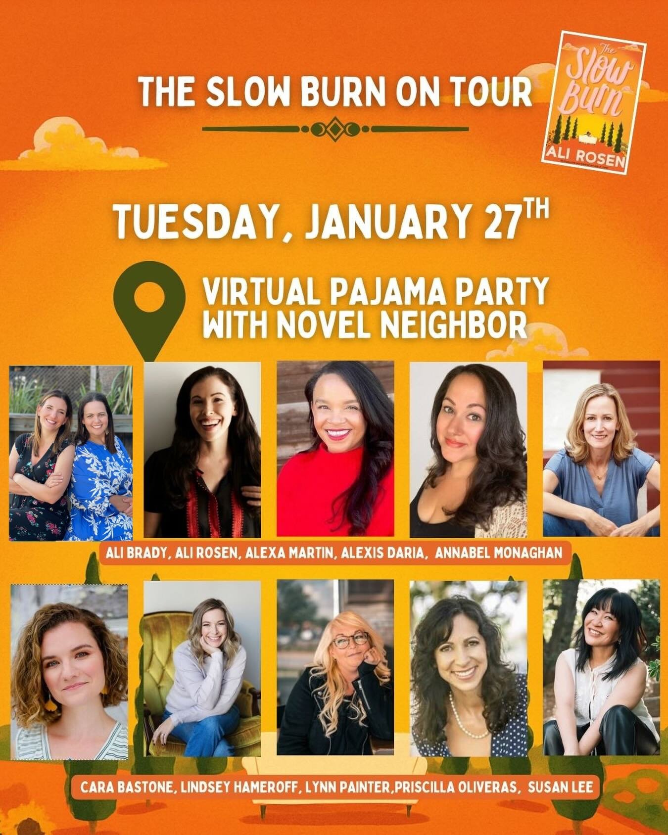 We are so excited to join our good friend @ali_rosen next Tuesday (1/27) in a virtual pajama party to celebrate the release of her new book - #TheSlowBurn!

With a guest list that includes @annabelmonaghan, @alexambooks, @carabastone , @alexisdaria ,