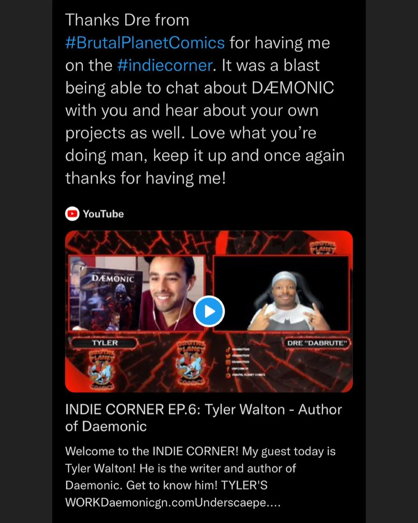 Thank you so much Dre from #brutalplanetcomics for having us on the #indiecorner. Was a super fun interview! Love what you&rsquo;re doin, keep it up!