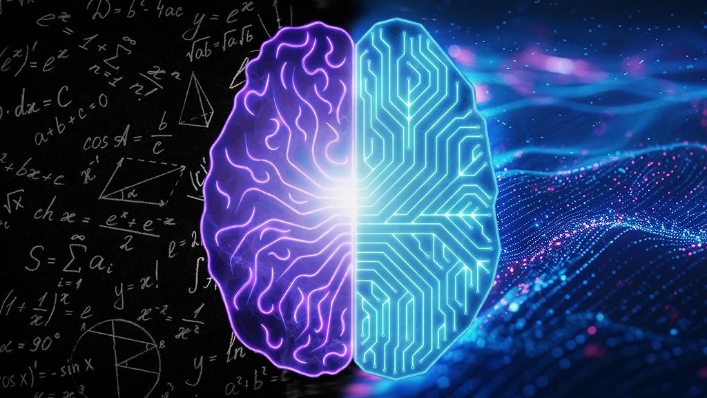 An illustration of a human brain, half depicted as neural structures with purple neon outline on a dark background with mathematical formulas, and the other half as a circuit board with bright blue lines on a digital data background.