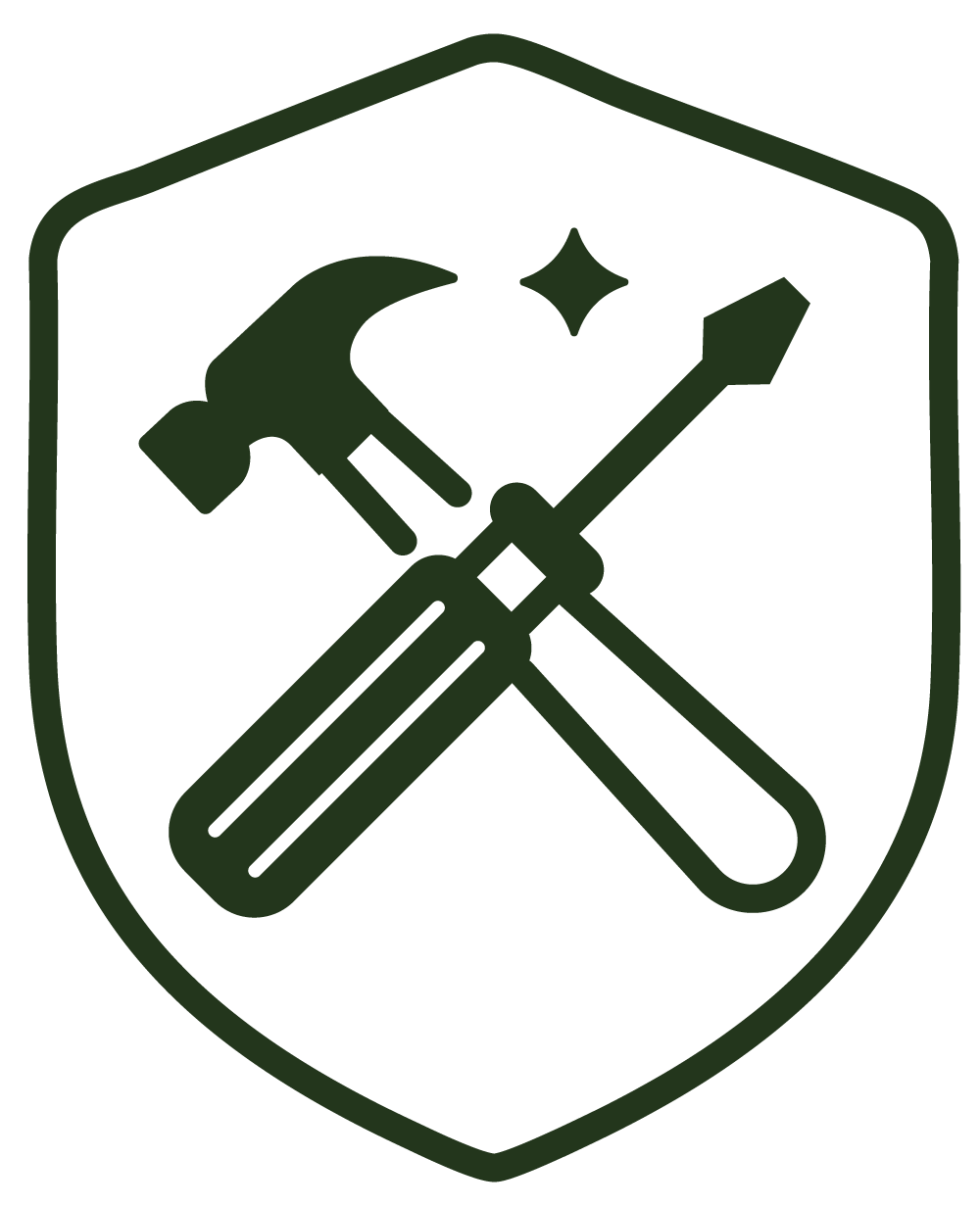 A shield emblem with a hammer, screwdriver, star, and a star.