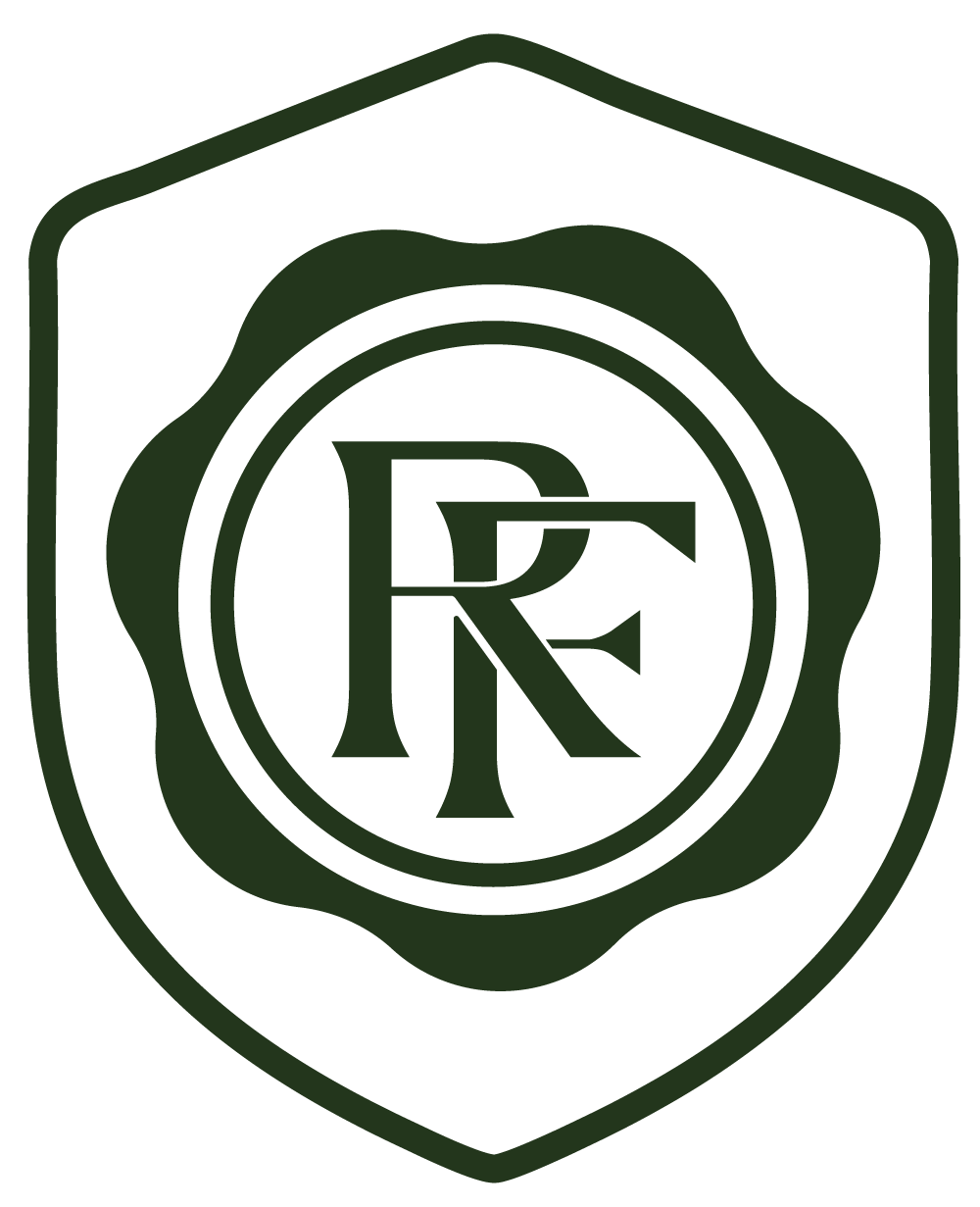 A dark green logo featuring a shield outline, a circular emblem with a stylized 'RF' in the center.
