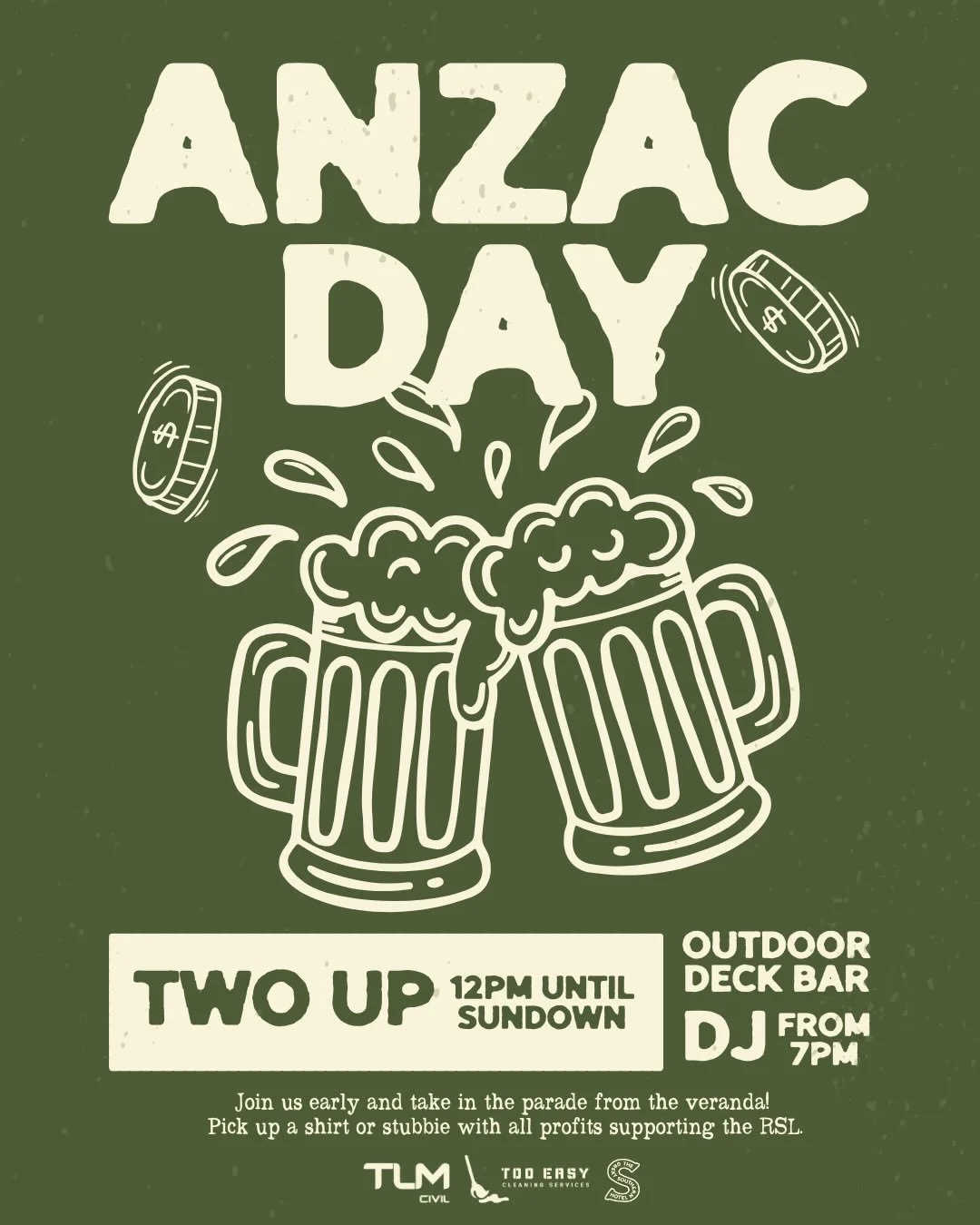 ANZAC Day at The Great Southern, Saturday 25th April ❤️

Last year was a beauty - and we&rsquo;re proud to host the community again this year. Join us early and take in the parade from the veranda, then settle in for a full arvo of Two Up from 12pm &