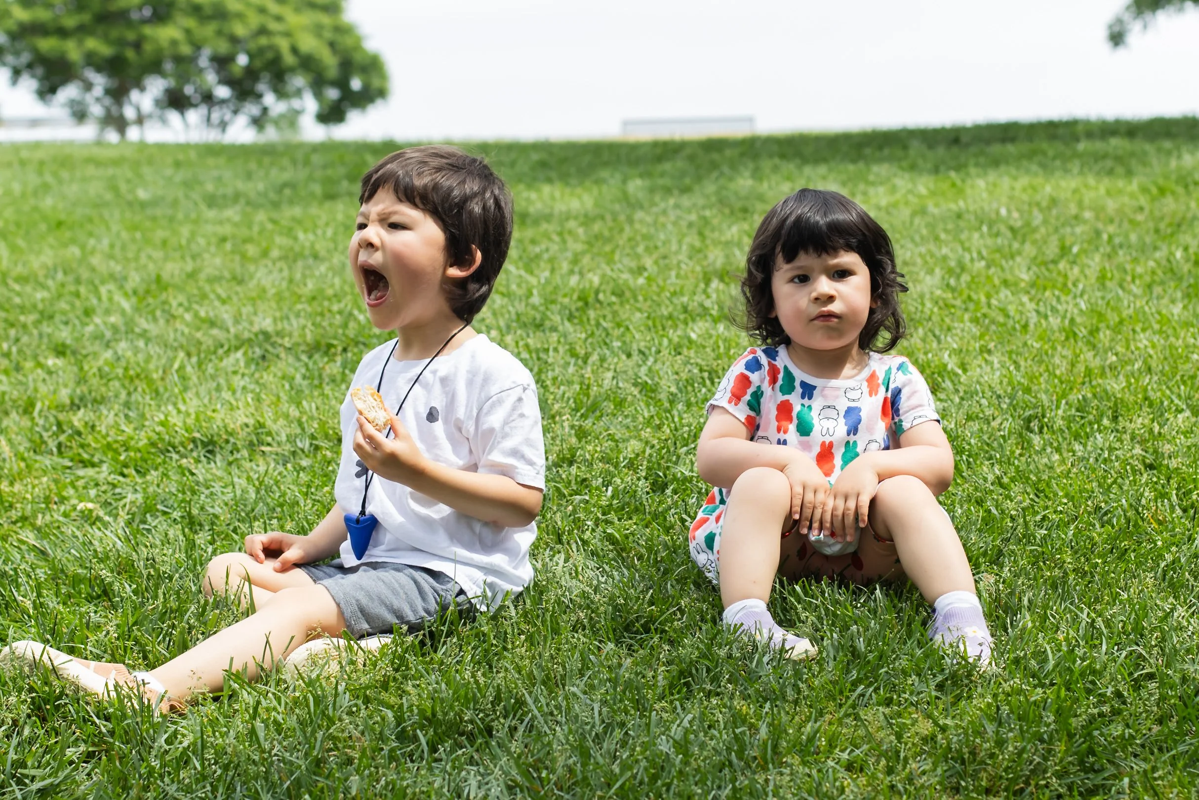 Two kids sit on a grassy hill in a grumpy mood facing away from each other. The boy has bread and is roaring, while the girl has her arms on her lap and is frowning to something off camera.