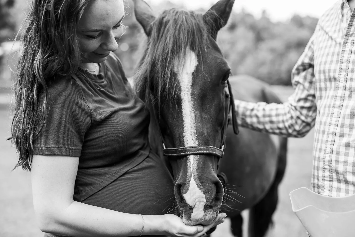 A woman feeding a horse while a man stands nearby in an outdoor setting.