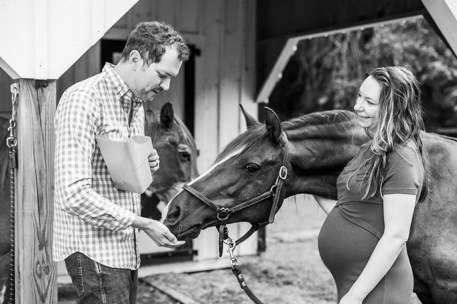 A pregnant woman smiling at her husband as he offers a horse some food in a stable or barn.
