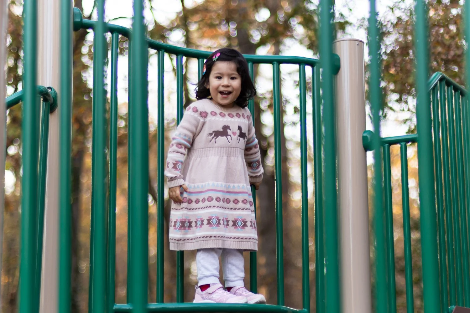 Young girl with dark hair, wearing a dress with horse and heart designs, standing on a playground platform with green railings, smiling.
