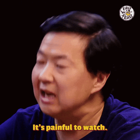 A repeating gif of Ken Jeong nodding and mouthing the words that are captioned at the bottom of the image: "It's painful to watch."