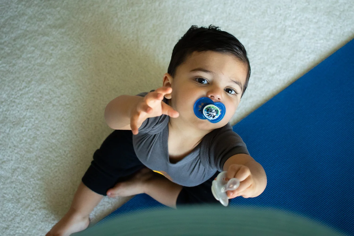 Toddler begs to be picked up by his pregnant mom.