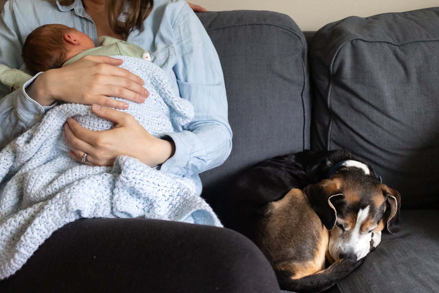 A new mother holds her newborn daughter at home. Their dog is curled up beside them on the couch.