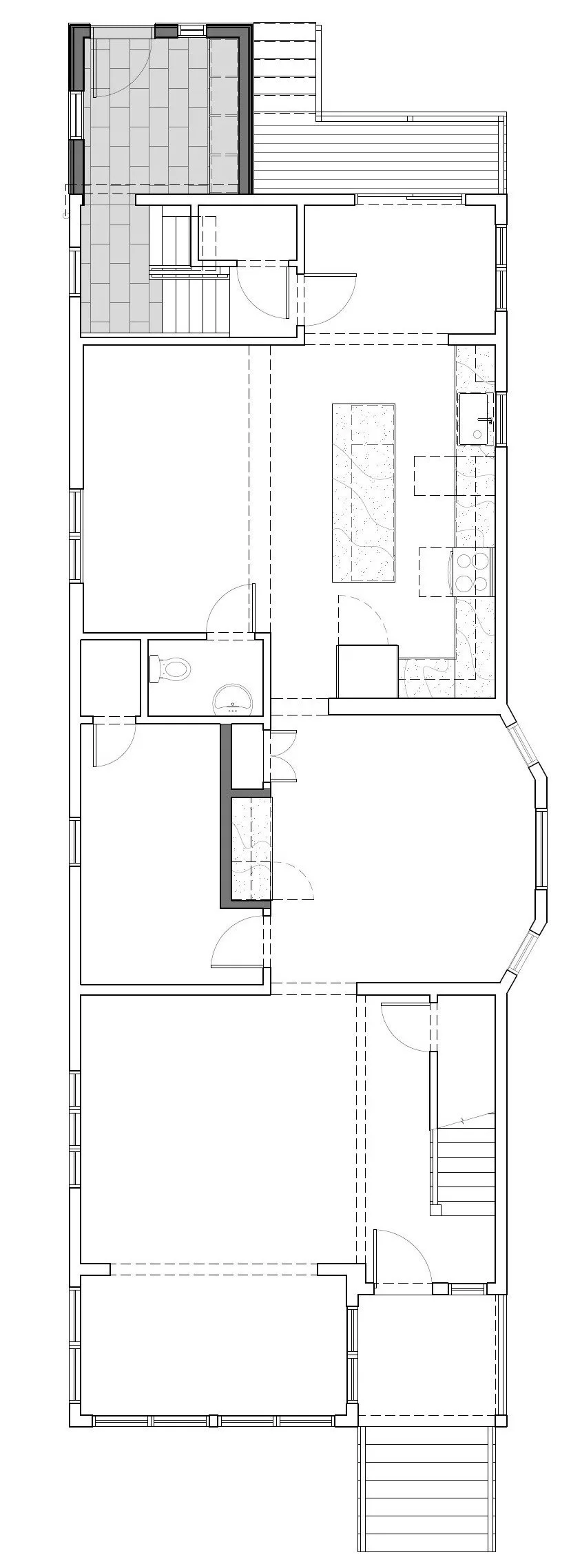 Floor plan of a house showing multiple rooms including kitchen, bathroom, living room, and staircase.