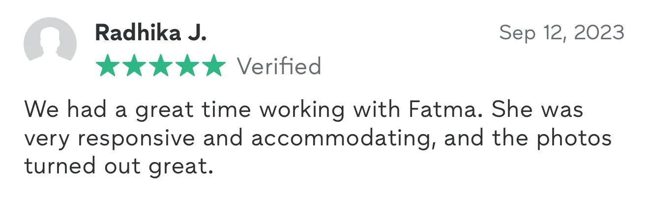 A customer review with a 5-star rating for a photographer named Fatma, dated September 12, 2023, praising her responsiveness and quality of photos.