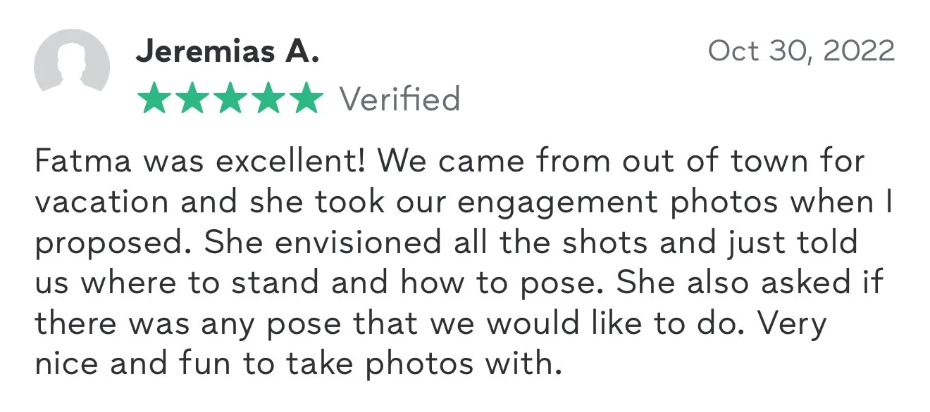 Review from Jeremias A. dated October 30, 2022, praising Fatma for her professionalism and assistance with engagement photos, including guidance on poses and locations.