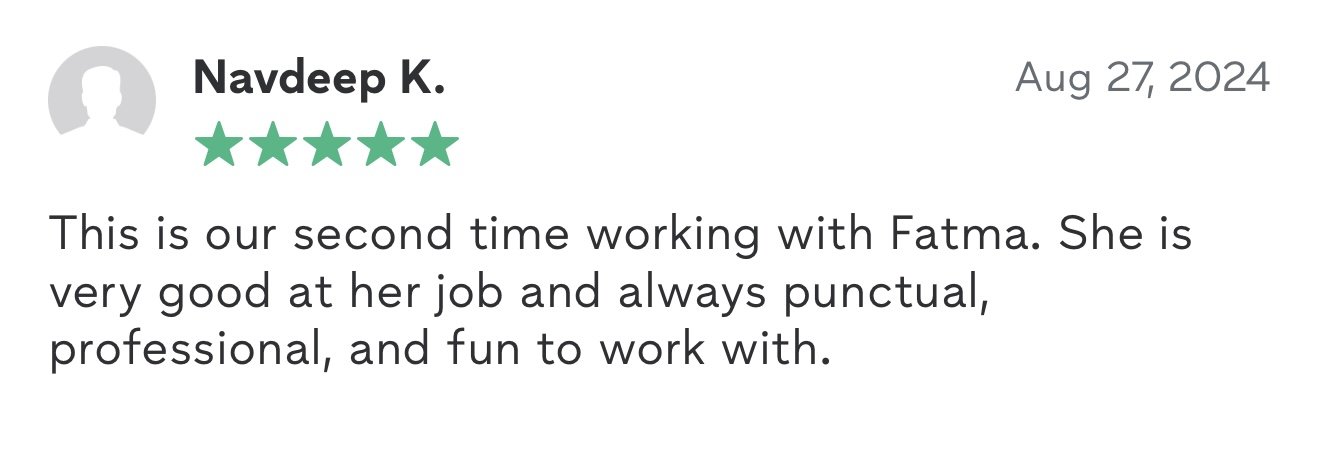 Customer review for Fatma with a five-star rating, dated August 27, 2024.