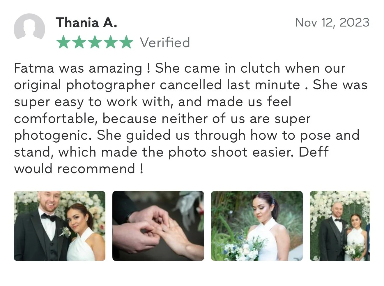 A series of four wedding photographs, including a couple in wedding attire, a close-up of hands exchanging rings, and a bride holding a bouquet, with a floral background.