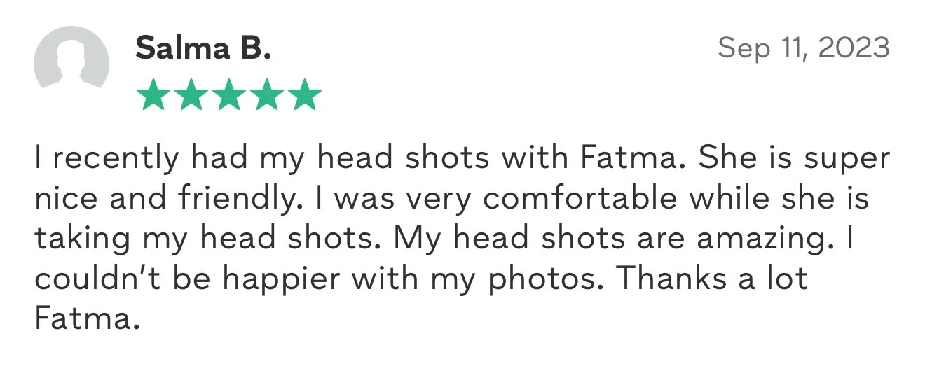 Customer review with a 5-star rating for Fatma, praising her friendliness and skill in taking headshot photos, dated September 11, 2023.