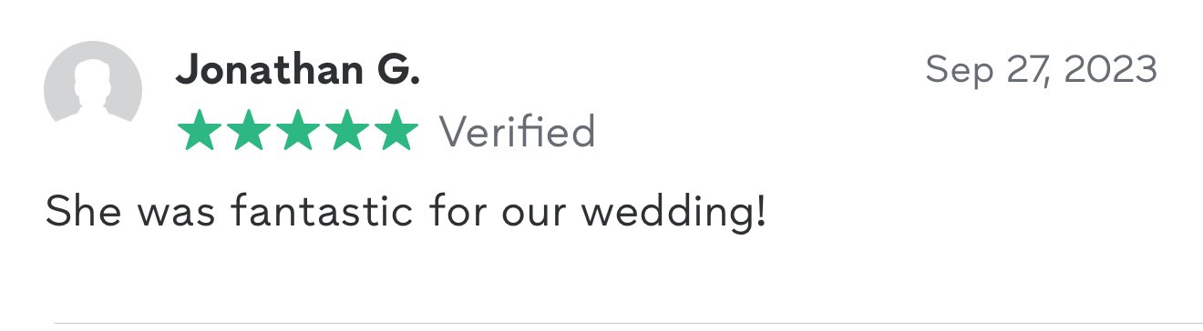Review text from Jonathan G. dated September 27, 2023, praising a wedding service for being fantastic. Includes a five-star rating and verified badge.