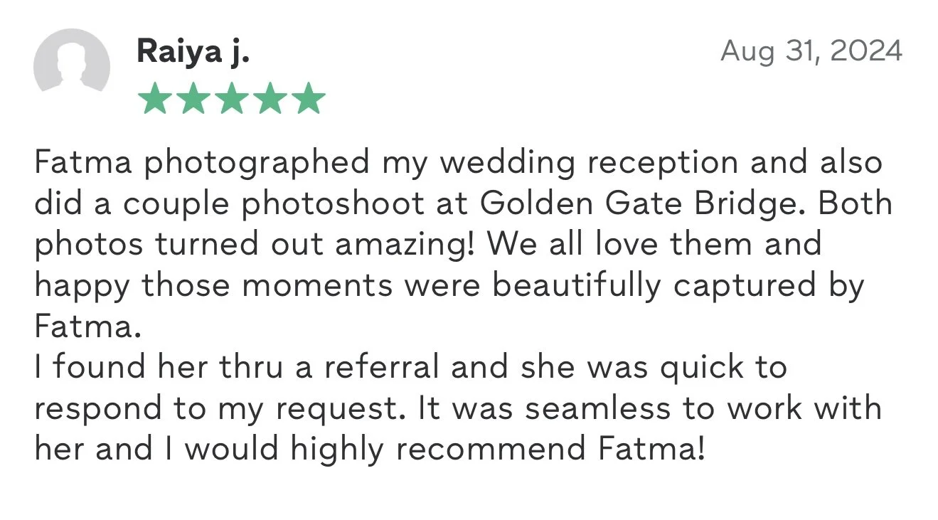 Customer review and five-star rating for wedding photography and couple photoshoot at Golden Gate Bridge.