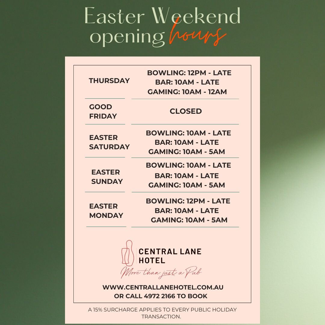 Here's our hours for Easter! 🐣

Celebrate the long weekend at Central Lane. ⭐️

Book a table with us by calling 4972 2166, or head to the link in our bio.

#centrallane #centrallanebowling #centrallanekaraoke #pubsgladstone #karaokegladstone #bowlin