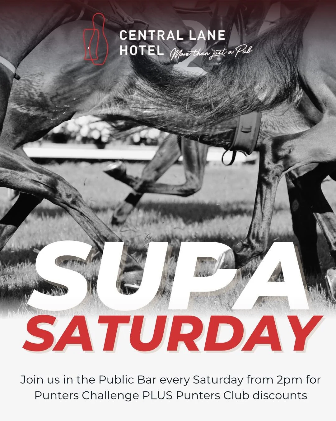 SUPA SATURDAY is here at Central Lane Hotel
It's punting time every Saturday from 2pm with our Punters Challenge!

Join the locals for some friendly rivalry, just $10 entry, and winner takes all.

PLUS... we've got something HUGE in store!
Become par