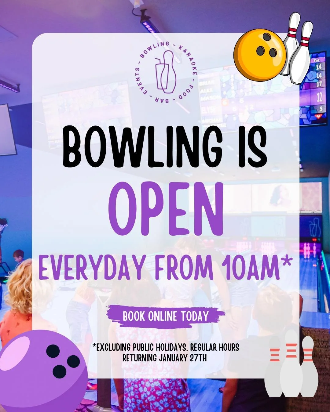 Yes, that&rsquo;s right - school holiday hours are here 🎳

Central Lane Bowling is open every day from 10am throughout the school holidays.

Perfect for keeping the kids busy (and the parents happy).

Book online at centrallanehotel.com.au or phone 