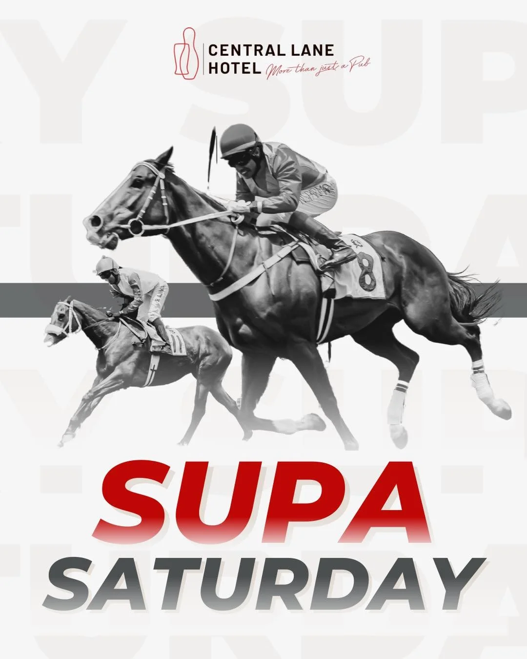 Supa Saturday at Central Lane 🐎

Punters Challenge kicks off from 2pm.

Racing on the screens, tips flying and punters discounts pouring while the races run.

Settle in for an afternoon of racing, drinks and good company.

www.centrallanehotel.com.a