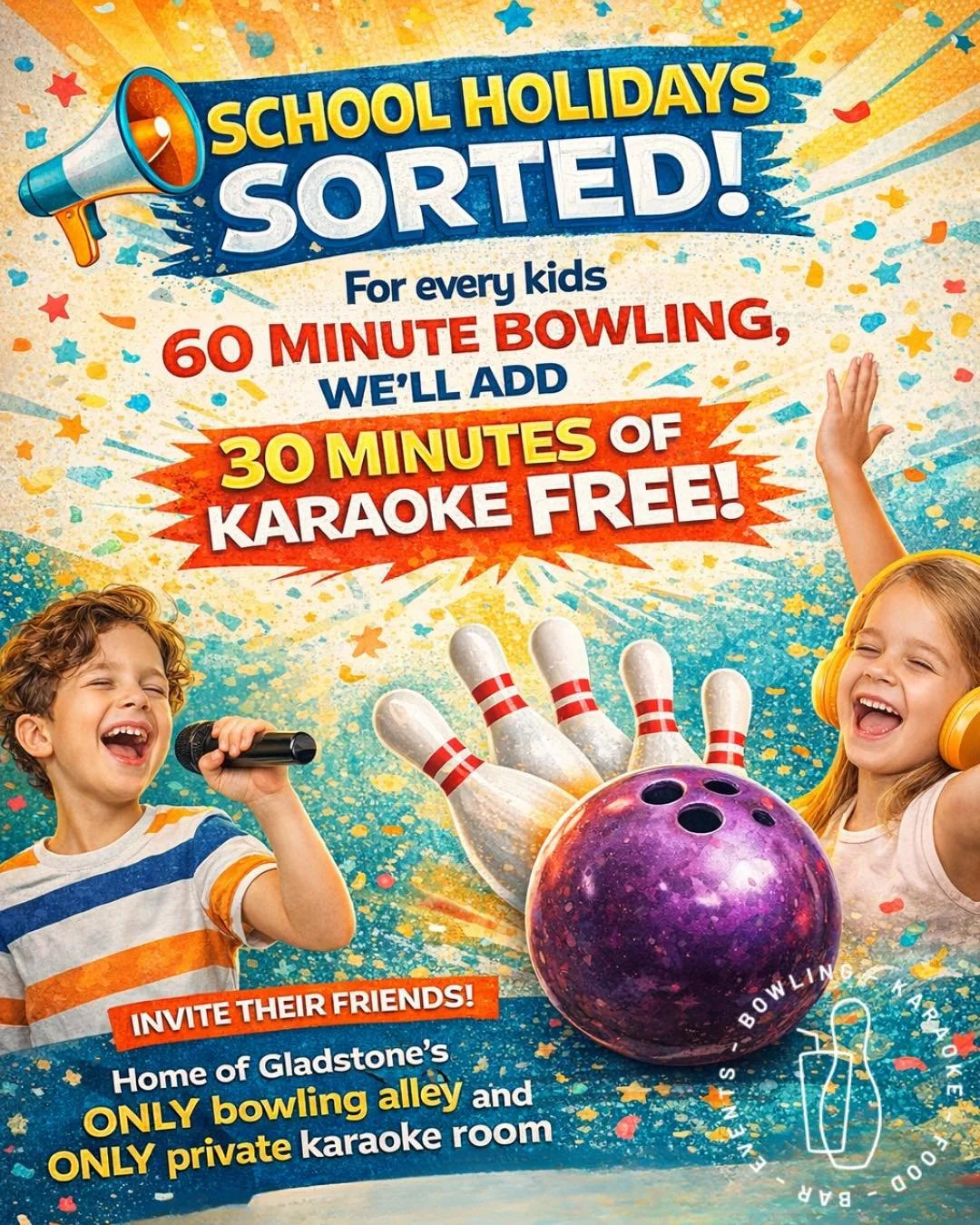 School Holiday plans changed? We&rsquo;ve got it covered.

For every kids 60 minute bowling session, we&rsquo;ll add 30 minutes of karaoke for them &ndash; free!

That&rsquo;s more time to play, more time to sing, and something that actually keeps th