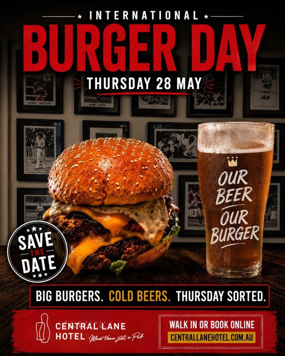 Save the date 🍔
International Burger Day lands at Central Lane Hotel on Thursday 28 May with big burgers, cold beers and the kind of feed worth making plans for.

Round up the crew, walk in hungry and settle in for a proper pub day.

📍 Central Lane