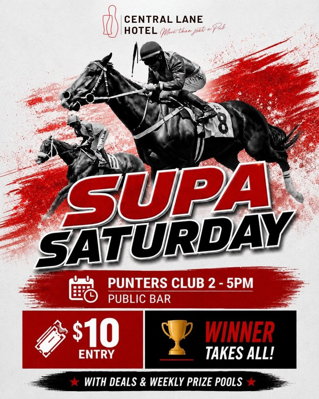 Saturdays at Central Lane just got louder 🏇
Supa Saturday is on from 2 &ndash; 5pm with all the sport across the big screens all afternoon.

Punters Challenge
$10 entry.
Winner takes all.

Weekly prize pools, cold beers and a proper Saturday atmosph