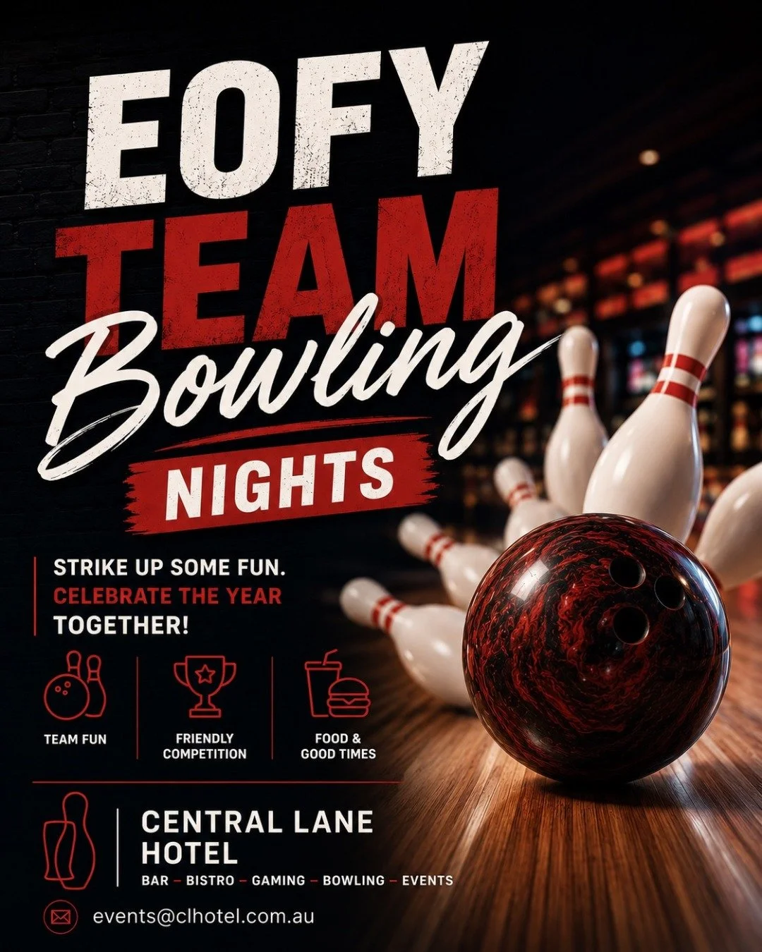 EOFY calls for team nights done properly 🎳

Swap the boardroom for the bowling lanes and bring the crew together at Central Lane Hotel this EOFY.

Bowling, food, drinks and a little friendly competition - all under one roof.

Perfect for:
&bull; Tea