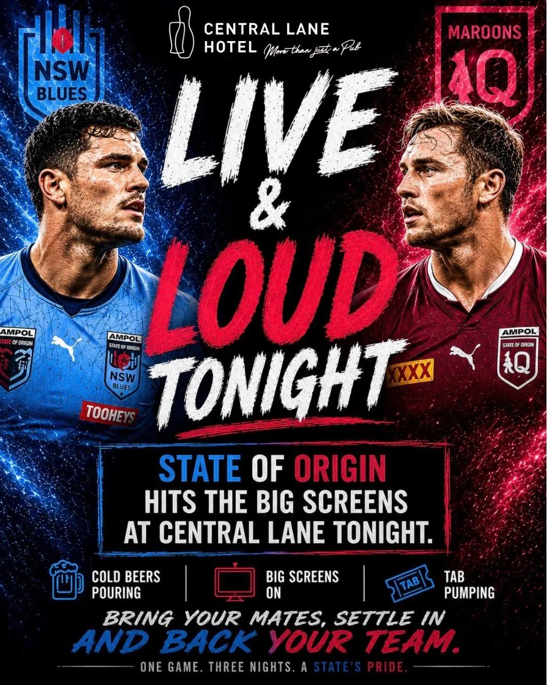 LIVE &amp; LOUD tonight - Central Lane Public Bar 🏉

State of Origin hits the big screens tonight with the Public Bar pumping from kick-off.

Cold beers pouring. TAB pumping. Big screens on.

Round up your mates, settle in and back your team at Cent