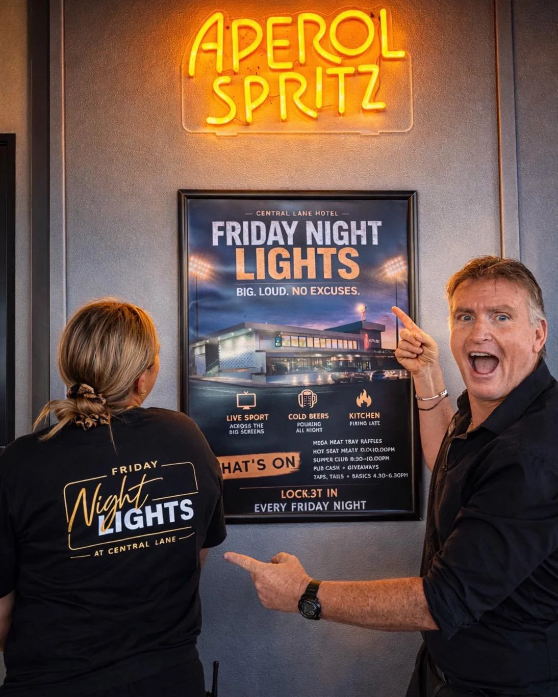 Friday Night Lights at  Central Lane Hotel￼

🎊 Tails, Taps + Basics - 4.30 -6.30pm
🎟️ Mega Meat Tray Raffles - From 5.30pm
🍔 $27 Supper Club Sundae for Two
💸 Cash Finale - 10pm
🔥 $250 Hot Seat - 10pm
🏉 Live &amp; loud sport across the big scree