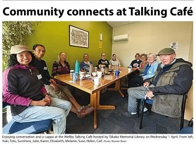Participants of Wellby Talking Cafe enjoying a cuppa and chat at Takaka Memorial Library monthly Wellby Cafes